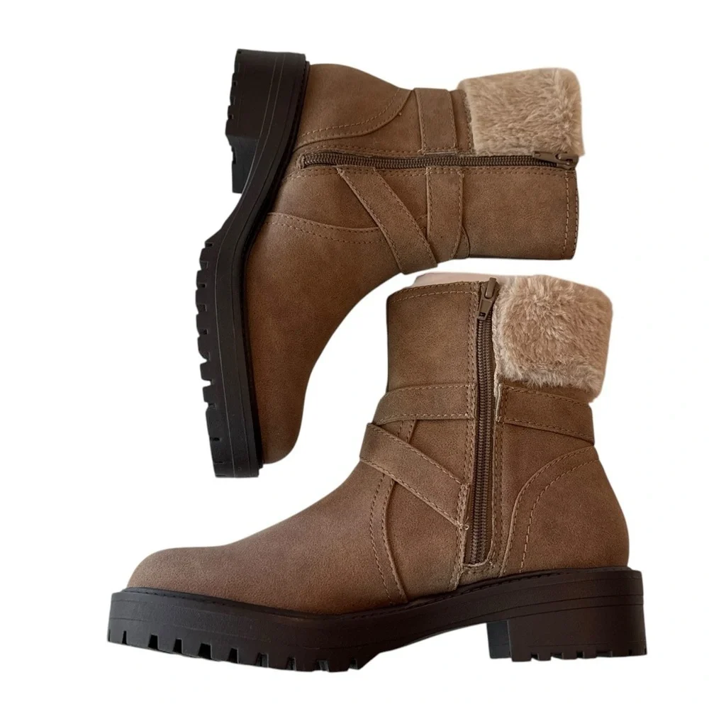 DV By Dolce Vita Oaklyn Faux Leather Boots Brown Fur Round Toe Zip Buckle 8.5